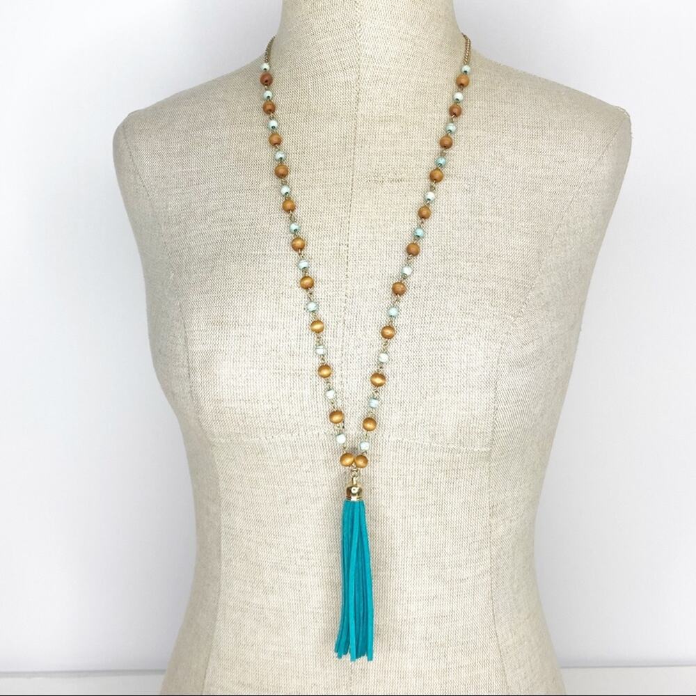 Turquoise Color Tassel Necklace With Wooden Beads